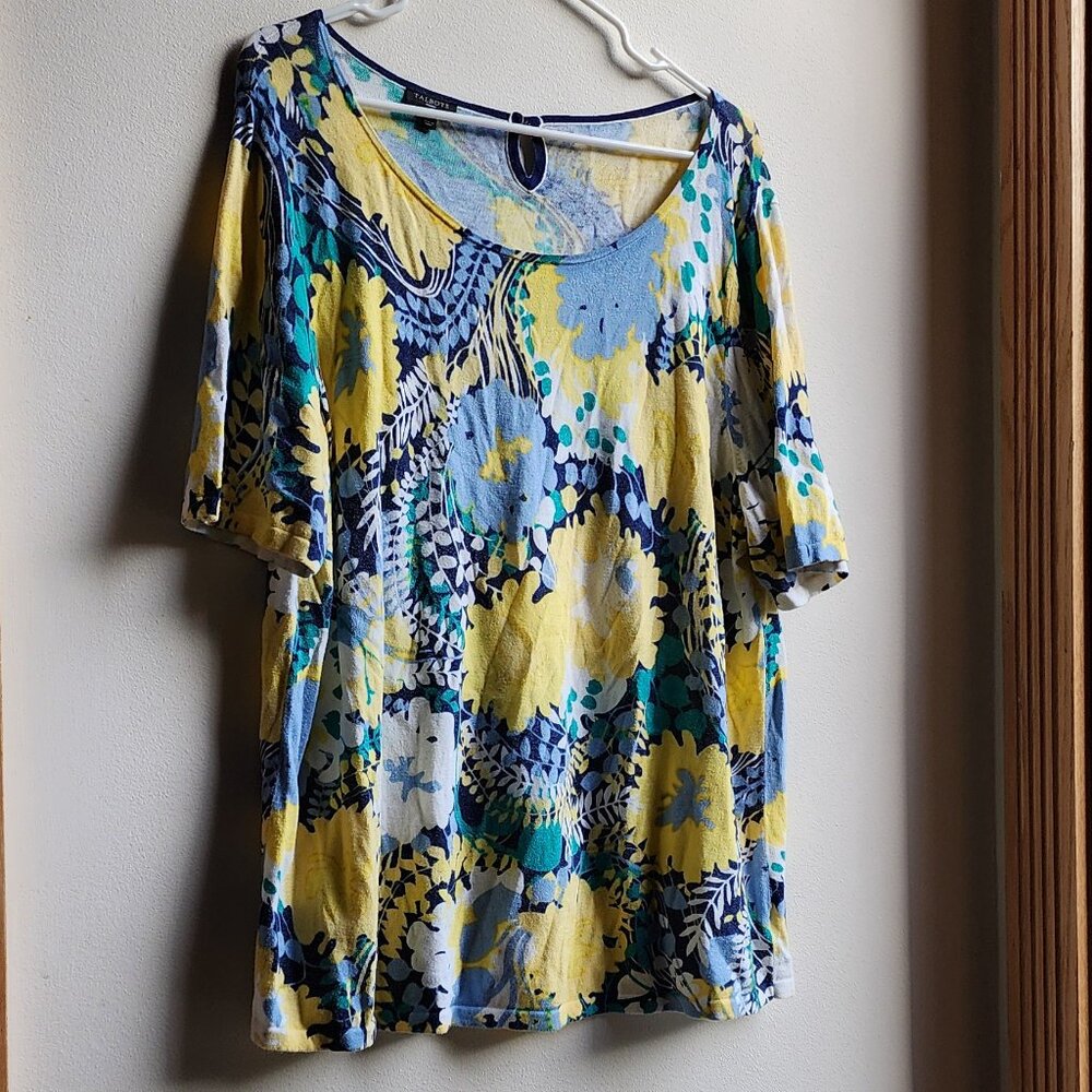 Talbots Woman Abstract Yellow/Blue Floral Scoop Neck Jersey Size 2X